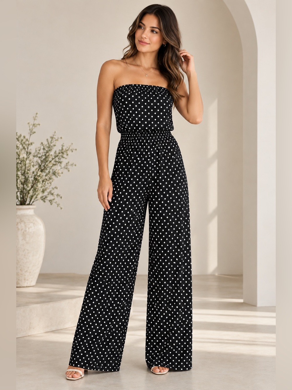 Women’s XS Black White Polka Dot Strapless Wide Leg Jumpsuit